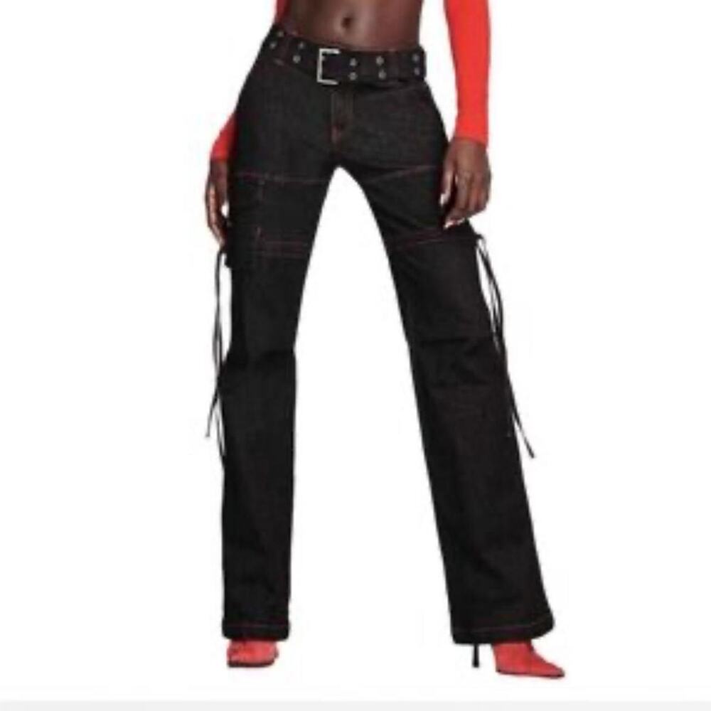 I AM GIA grunge black wide leg jeans with red stitching , belted, small